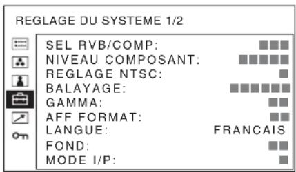 REGLAGE DU SYSTEME 1/2 SEL RVB/COMP: NIVEAU COMPOSANT: REGLAGE NTSC: BALAYAGE: GAMMA: AFF FORMAT: LANGUE: FRANCAIS FOND: MODE I/P: