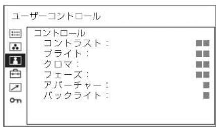 ユーザーコントロール コントロール コントラスト: ブライト: クロマ: フェーズ: アパーチャー: バックライト: