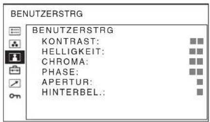 BENUTZERSTRG BENUTZERSTRG KONTRAST: HELLIGKEIT: CHROMA: PHASE: APERTUR: HINTERBEL.: