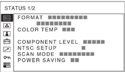 STATUS 1/2 FORMAT COLOR TEMP COMPONENT LEVEL NTSC SETUP SCAN MODE POWER SAVING