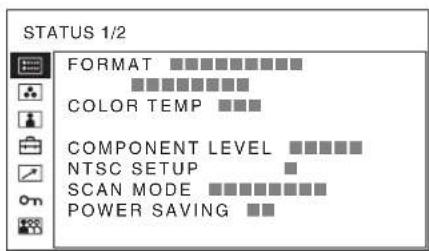 STATUS 1/2 FORMAT COLOR TEMP COMPONENT LEVEL NTSC SETUP SCAN MODE POWER SAVING