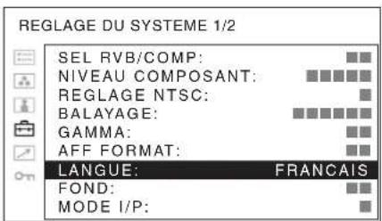 REGLAGE DU SYSTEME 1/2 SEL RVB/COMP: NIVEAU COMPOSANT: REGLAGE NTSC: BALAYAGE: GAMMA: AFF FORMAT: LANGUE: FRANCAIS FOND: MODE I/P: