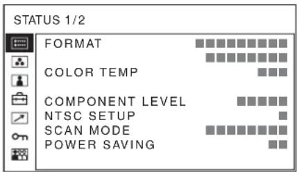 STATUS 1/2 FORMAT COLOR TEMP COMPONENT LEVEL NTSC SETUP SCAN MODE POWER SAVING