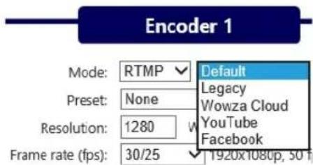 Encoder 1 Mode: RTMP Preset: None Resolution: 1280 Frame rate (fps): 30/25 Default Legacy Wowza Cloud YouTube Facebook 1920x1080p, 50 F