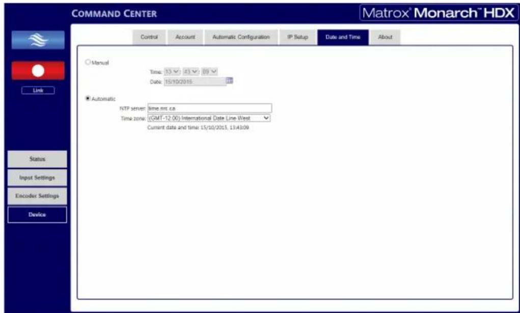 COMMAND CENTER Control Account Automatic Configuration IP Setup Data and Time About ○ Manual Time: 33 43 50 Date: 15/10/2015 ● Automatic NTP server: time.mrc.ca Time zone: (GMT-12.00) International Date Line West Current date and time: 15/10/2015, 13:43:09 Link Status Input Settings Encoder Settings Device Matrox® Monarch™ HDX