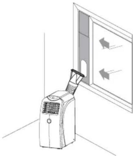 Line drawing of an air conditioner unit emitting airflow from a window (no text or symbols)