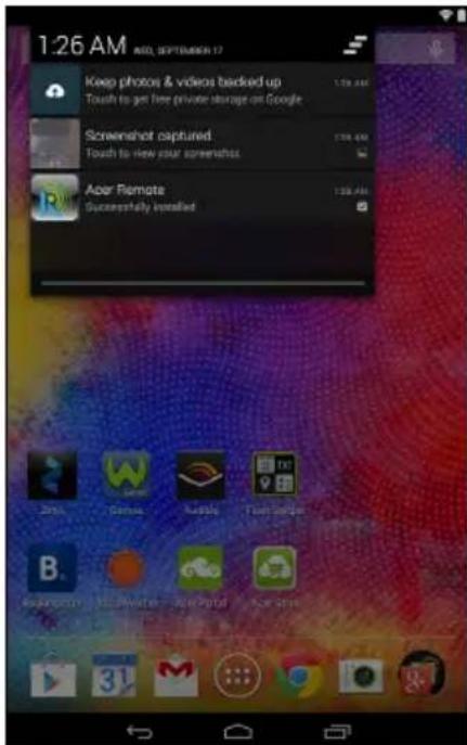 1:26 AM ADD, SEPTEMBER 17 Keep photos & videos backed up Touch to get free private storage on Google Screenshot captured Touch to new your screenshots Acer Remote Successfully installed 1:26 AM