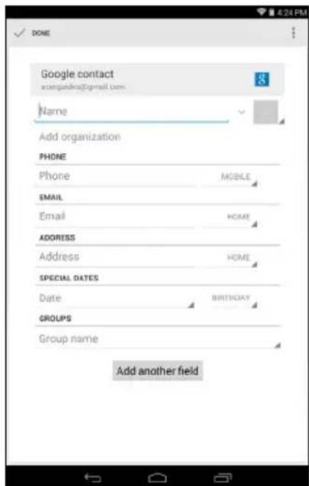 GOOGLE CONTACT comparing@gmail.com Name Add organization PHONE Phone MOBILE EMAIL Email HOME ADDRESS Address HOME SPECIAL DATES Date BIRTHDAY GROUPS Group name Add another field