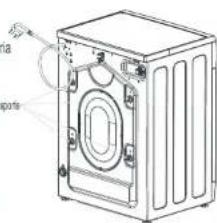 Technical diagram of a washing machine with labeled parts including inlet, outlet, and housing