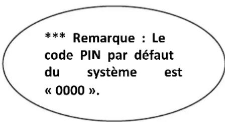 *** Remarque : Le code PIN par défaut du système est « 0000 ».