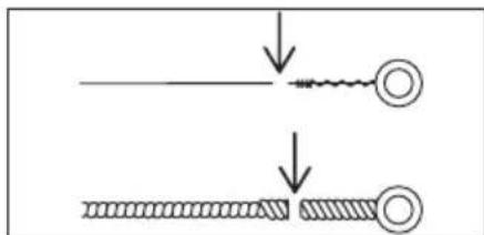 Diagram showing two-step process of a mechanical or electrical component with circular end caps, indicating step-by-step assembly.