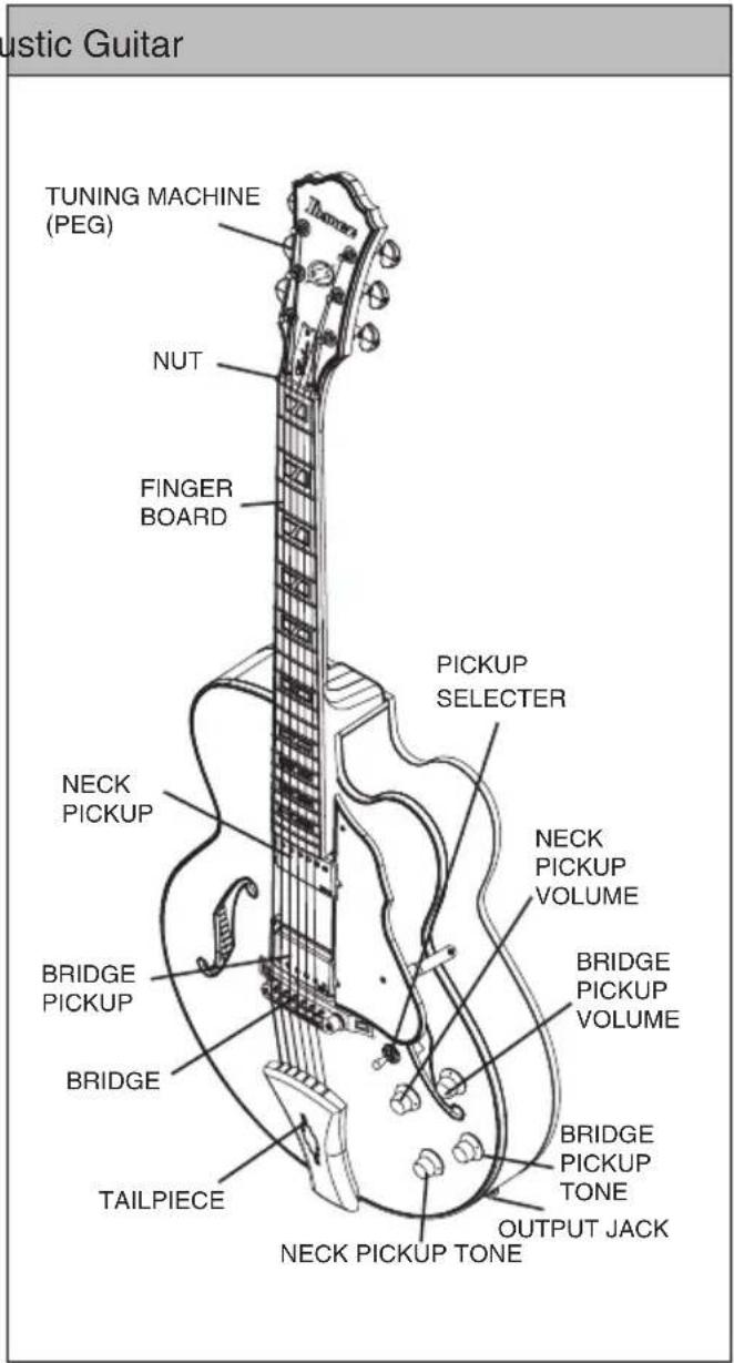 TUNING MACHINE (PEG) NUT FINGER BOARD NECK PICKUP BRIDGE PICKUP BRIDGE TAILPIECE PICKUP SELECTER NECK PICKUP VOLUME BRIDGE PICKUP VOLUME BRIDGE PICKUP TONE OUTPUT JACK NECK PICKUP TONE