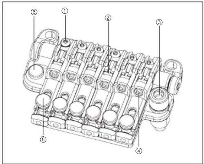 Technical diagram of a mechanical component with numbered parts labeled ① through ⑥