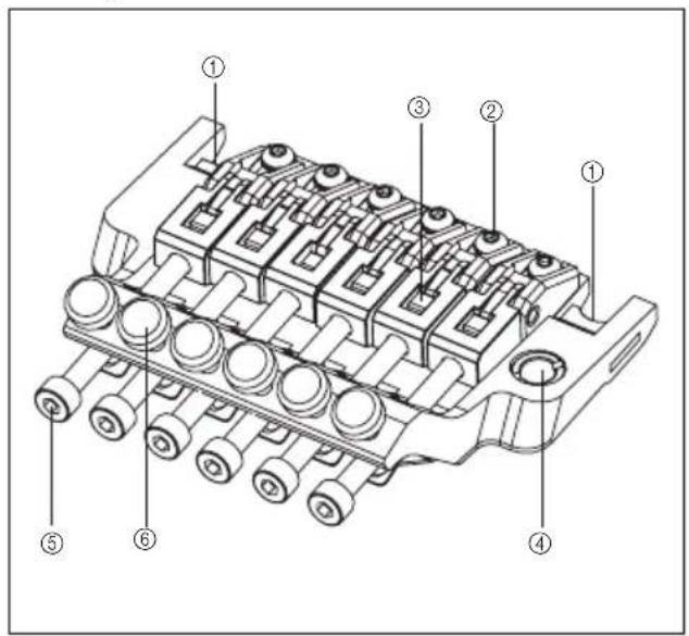 Technical diagram of a mechanical component with numbered parts labeled ① through ⑥