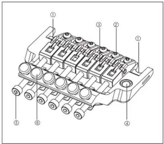 Technical diagram of a mechanical component with numbered parts labeled ① through ⑥