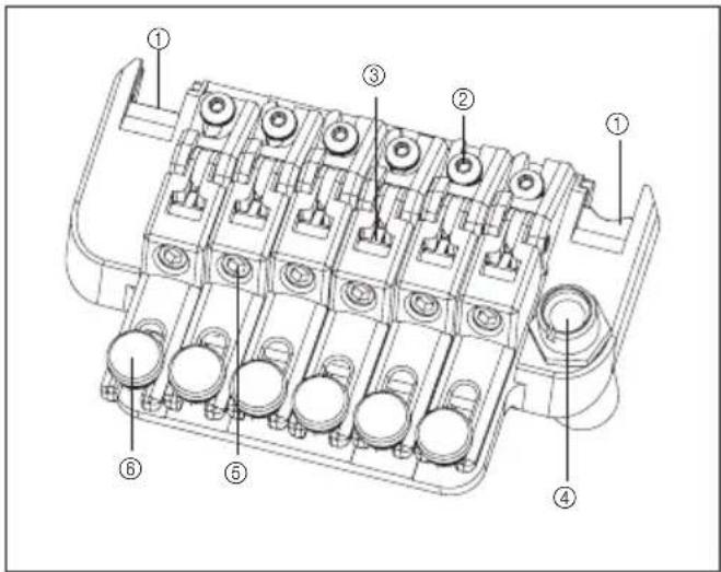 Technical diagram of a multi-chamber electrical connector with numbered parts labeled ① to ⑥.