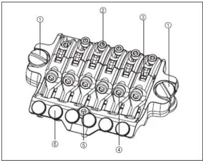 Technical diagram of an internal combustion engine component with numbered parts labeled ① to ⑥.
