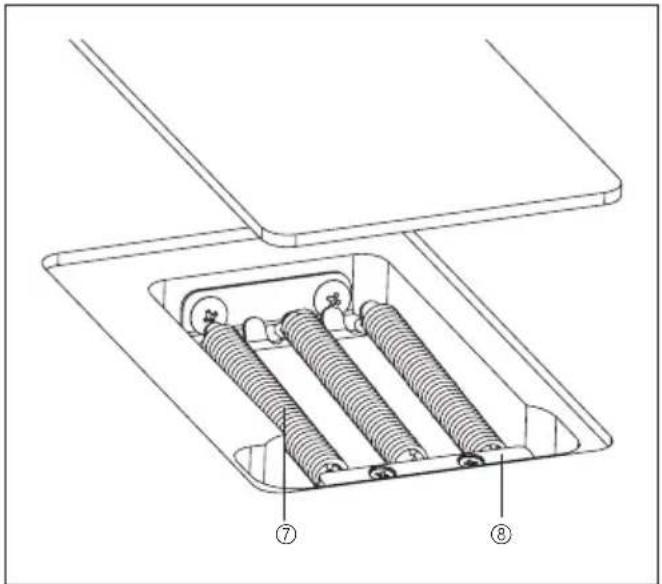 Technical diagram of a mechanical assembly with labeled parts ⑦ and ⑧, showing internal components in a rectangular housing.