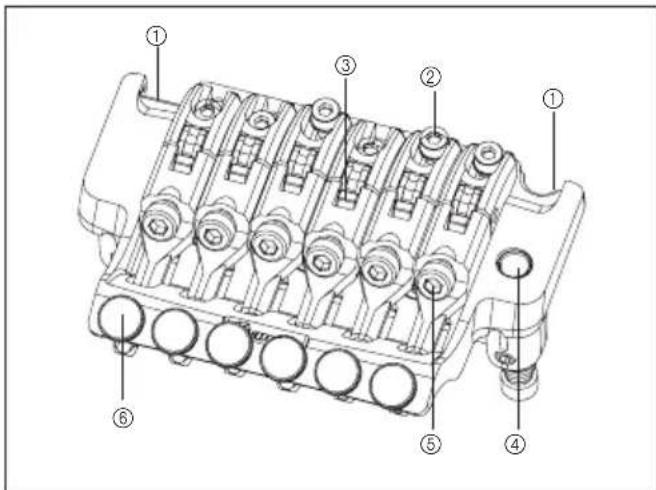 Technical diagram of a mechanical component with numbered parts labeled ① through ⑥