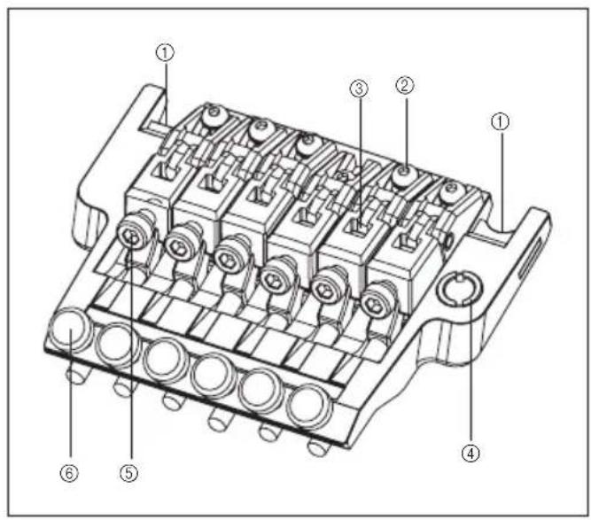 Technical diagram of a mechanical component with numbered parts labeled ① through ⑥
