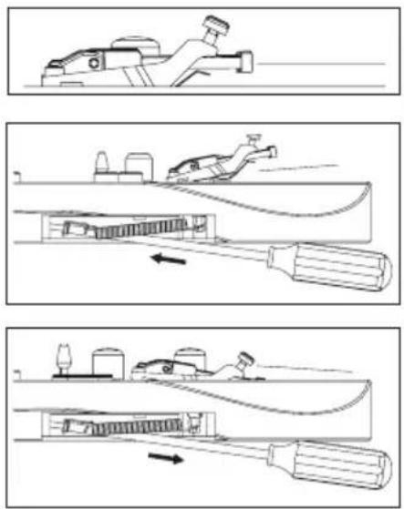 Technical diagram illustrating three sequential steps of a mechanical assembly or tooling process, with arrows indicating direction.