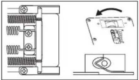 Technical line drawing of a mechanical assembly with spring components and a close-up view of a switch mechanism (no text or symbols)