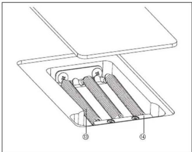 Technical diagram of a mechanical assembly with numbered components labeled ①, ②, and ③
