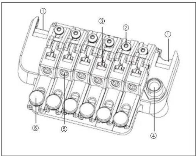 Technical diagram of a multi-chamber electrical connector with numbered parts labeled ① to ⑥