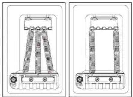 Technical line drawings of two mechanical components with springs and terminals (no text or symbols)