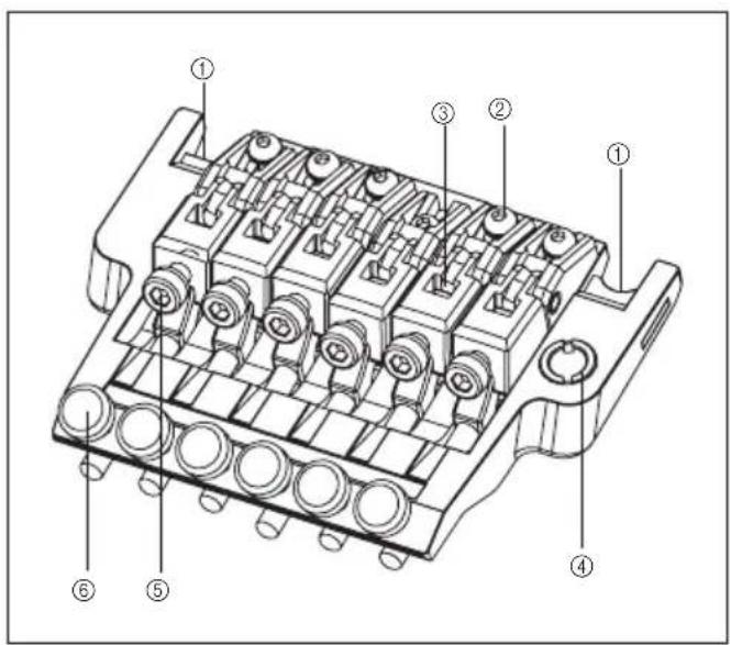 Technical diagram of a mechanical component with numbered parts labeled ① through ⑥