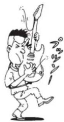 Cartoon illustration of a man playing electric guitar with dynamic motion lines (no text or symbols)