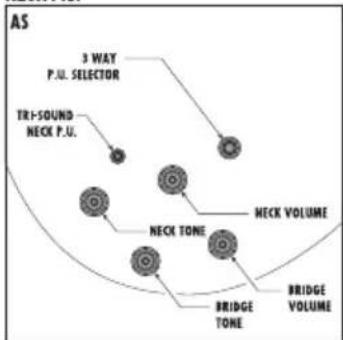 graph TD A["TRI-SOUND NECK P.U."] --> B["3 WAY P.J. SELECTOR"] B --> C["NECK VOLUME"] C --> D["BRIDGE VOLUME"] D --> E["BRIDGE TONE"] E --> F["NECK TONE"] F --> G["BRIDGE VOLUME"]