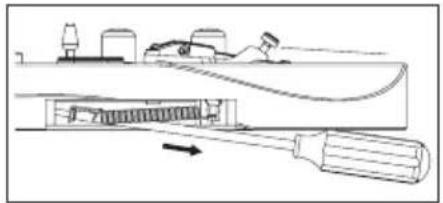 Technical line drawing of a mechanical assembly with a tool and component, no visible text or symbols