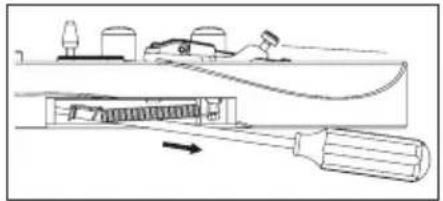 Technical line drawing of a mechanical assembly with a tool and component, no visible text or symbols