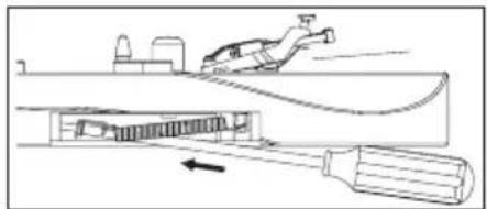 Technical line drawing of a mechanical assembly with tool and component (no text or symbols)