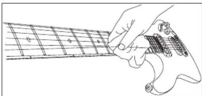 Line drawing of a hand playing guitar chord with fretboard (no text or symbols)