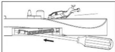 Diagram of a mechanical device with a tool and a person climbing it, showing internal components (no text or symbols)