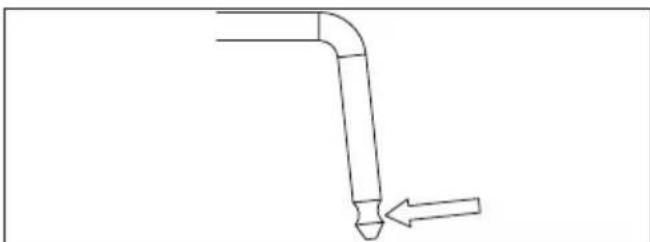 Simple line drawing of a bent pipe with a pointed tip and an arrow indicating direction (no text or symbols)