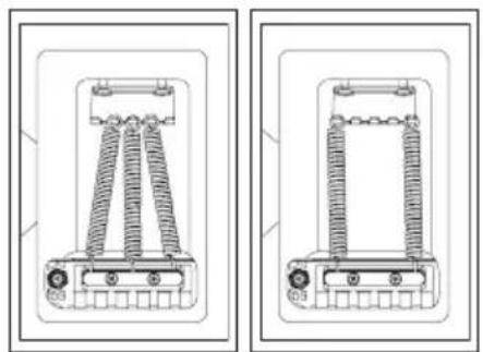 Technical line drawing of two mechanical components with coiled springs and mounting brackets (no text or symbols)