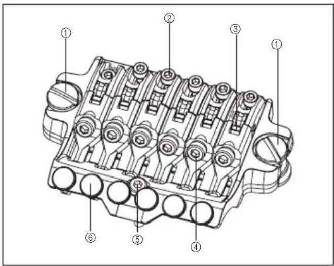 Technical diagram of an internal combustion engine component with numbered parts labeled ① to ⑥.