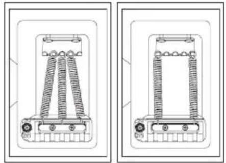 Technical line drawing of two mechanical components with coiled springs and mounting holes (no text or symbols)