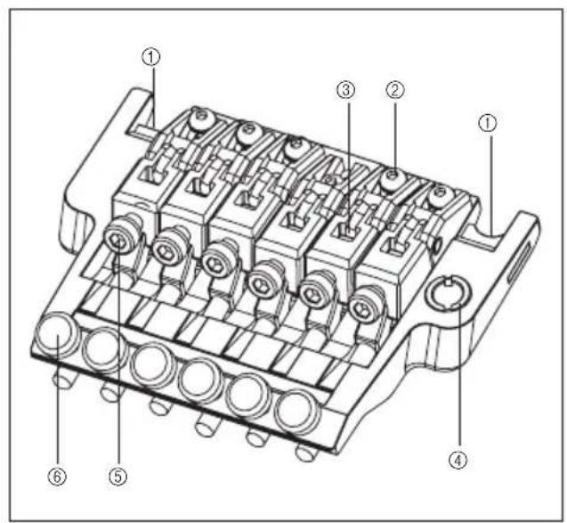 Technical diagram of a mechanical component with numbered parts labeled ① through ⑥