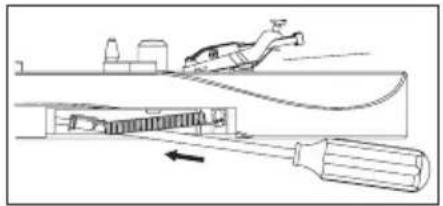 Technical line drawing of a mechanical assembly with a tool and component, no visible text or symbols