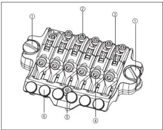 Technical diagram of a mechanical component with numbered parts labeled ① through ⑥