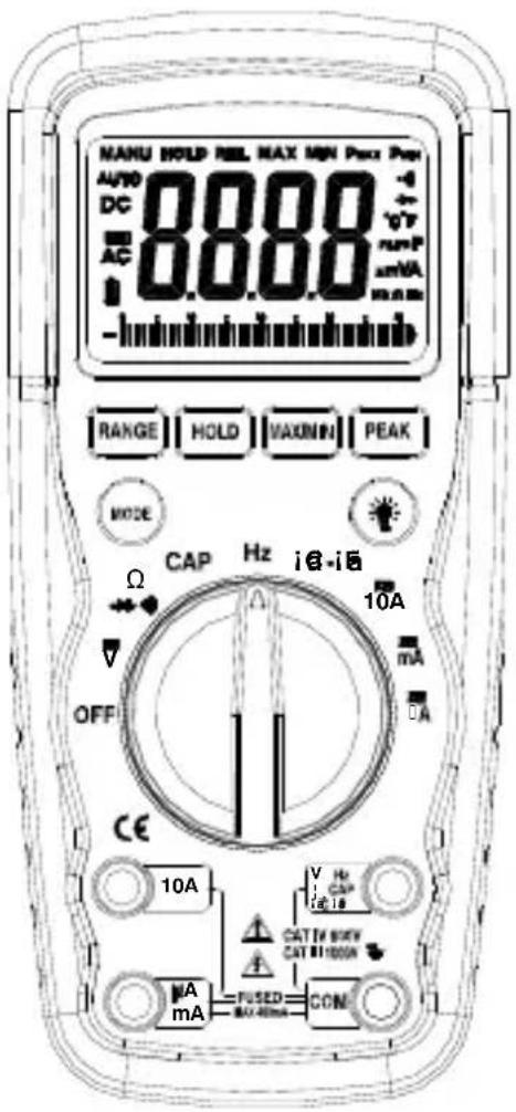 MANU HOLD REL MAX MIN PWR PR AUTO DC AC 8888 -4 +V runP mA max RANGE HOLD MAXMIN PEAK MODE Ω CAP Hz i6-i6 10A OFF mA DA CE 10A V Hz CAP i6 i6 CAT IV 500V CAT III 1000N mA FUSED MAX 400A CON