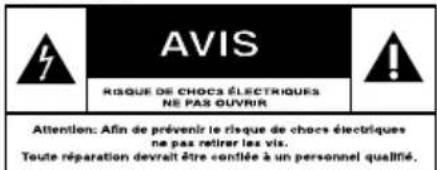 AVIS RISQUE DE CHOCs ÉLECTRIQUES NE PAS OUvrir Attention: Afin de prévenir le risque de chocs électriques ne pas retirer les vis. Toute réparation devrait être contée à un personnel qualifié.