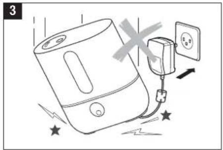 Illustration of a portable water heater connected to an electrical outlet with lightning bolts and stars (no text or symbols)