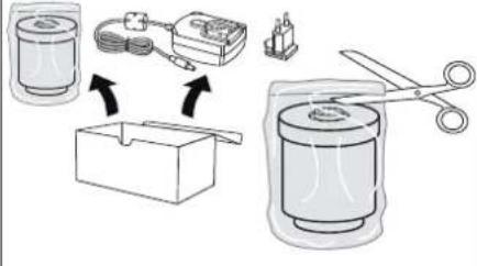 Diagram illustrating a sewing process with labeled components including a box, switch, and scissors cutting the cup.