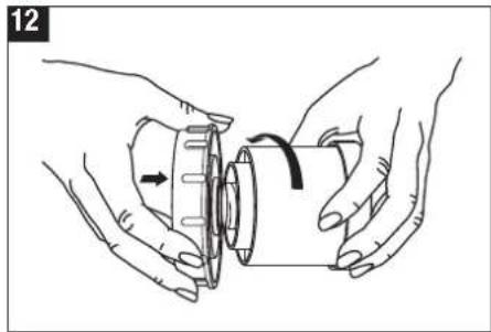Illustration of hands holding a mechanical component with a curved arrow indicating rotation (no text or symbols)