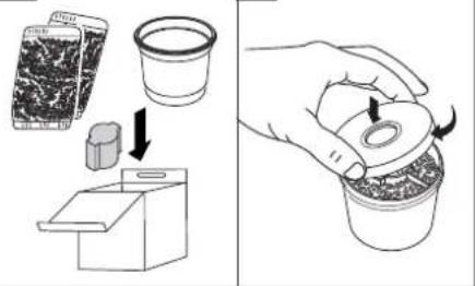 Diagram illustrating a food preparation step: adding granular material into a container, then adding a lid to a container with a handle.
